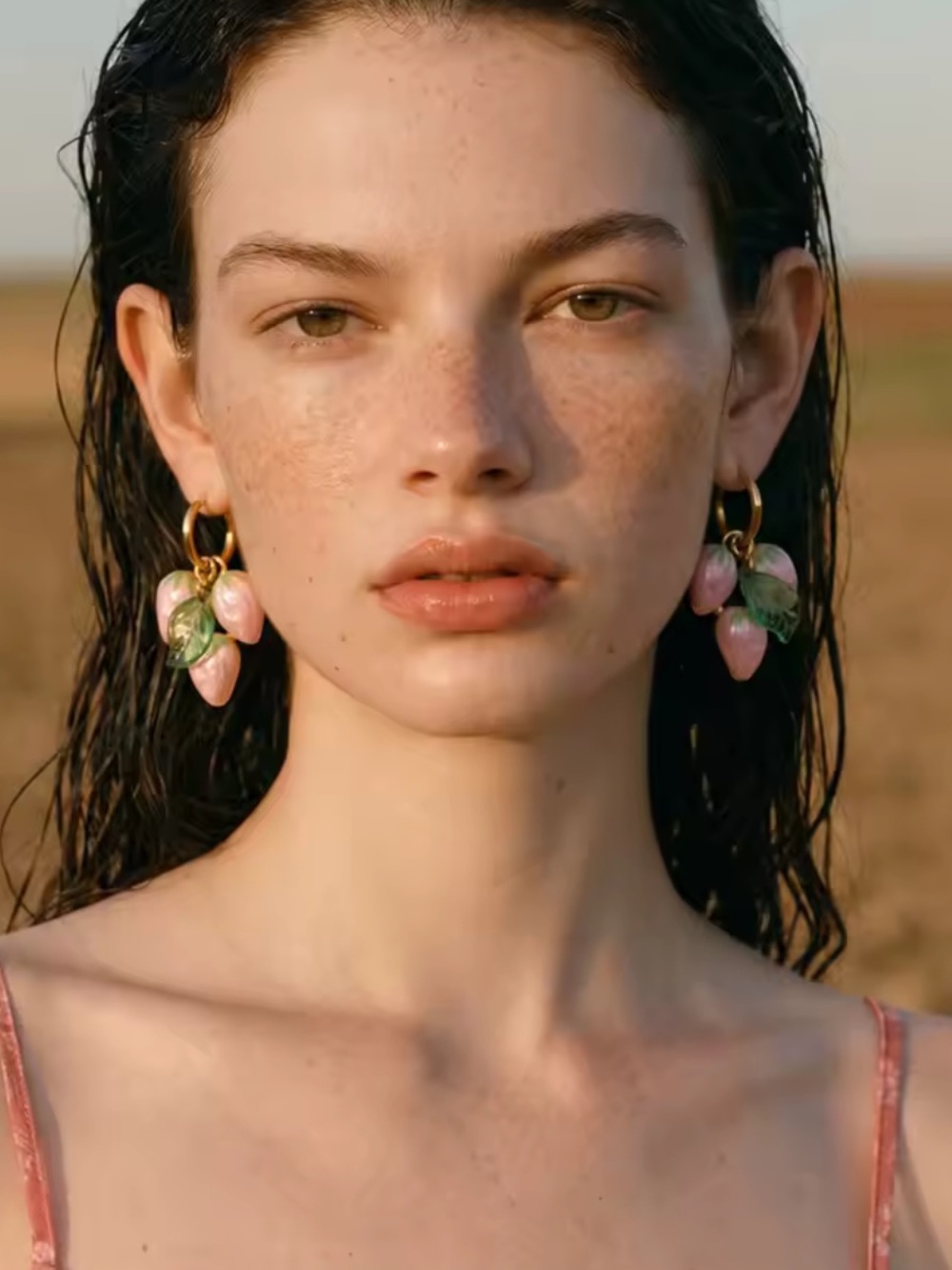 Cute Pink Strawberry Gold Hoop Earrings